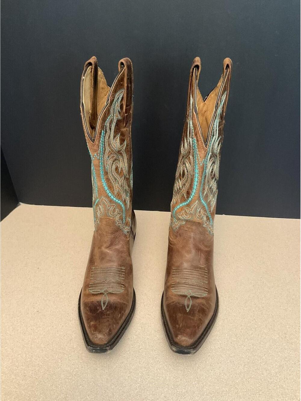 Womens JB Dillon Brown Leather Cowboy Boots W/ Turquoise Embroidery. Size 6B. - Picture 2 of 11